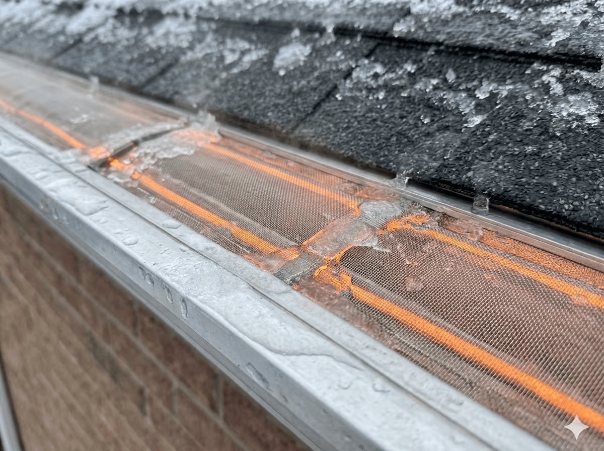 Self-regulating heat cables glowing on gutter - ice dam prevention