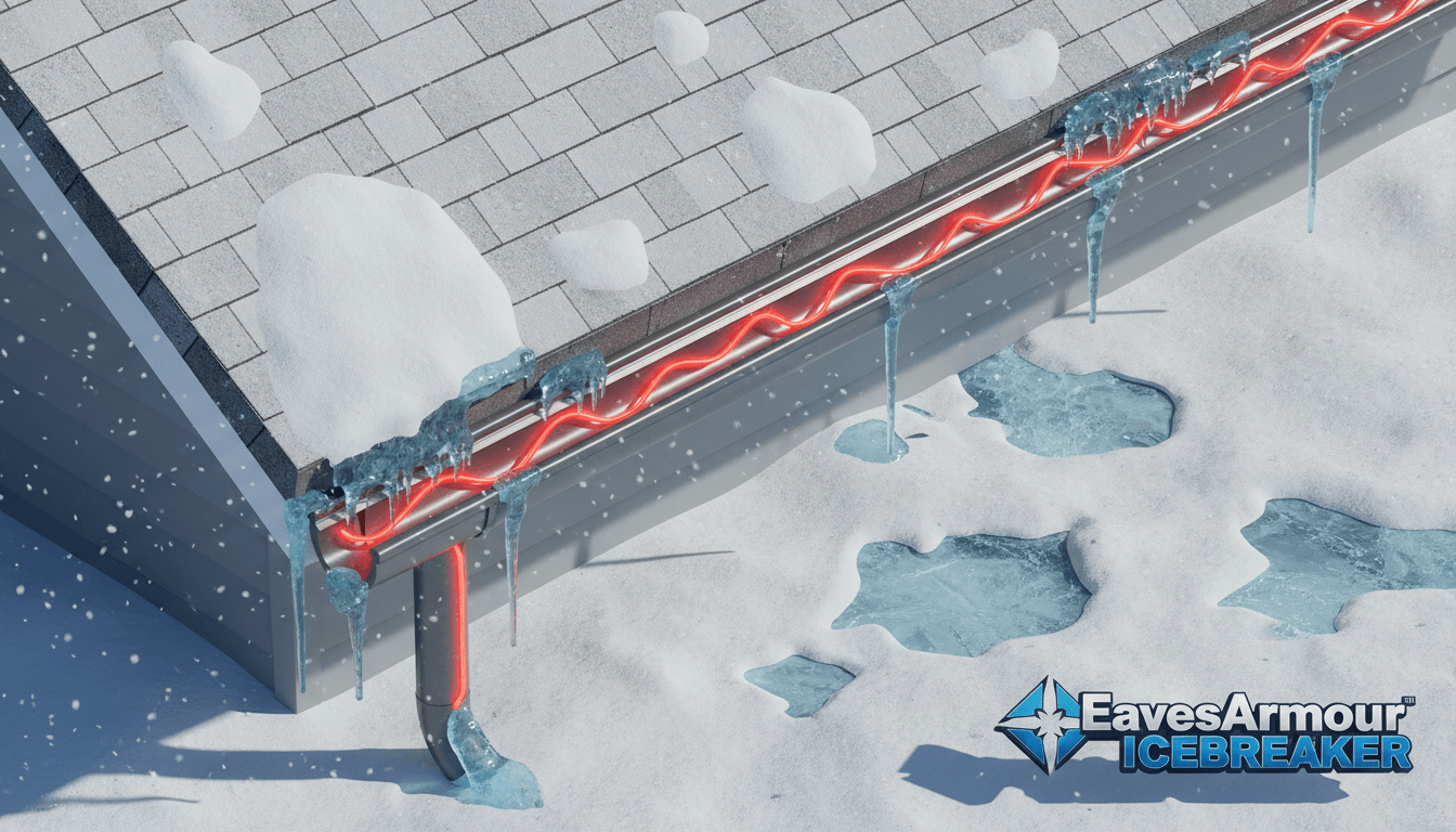 EavesArmour Ice Dam Prevention service - IceBreaker heated gutter systems designed to prevent ice dam formation in harsh winters.